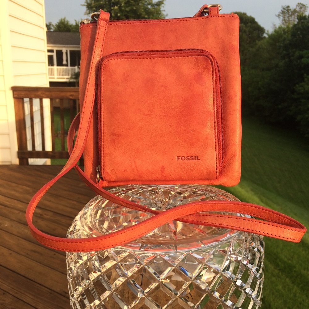 Orange Fossil Leather Crossbody